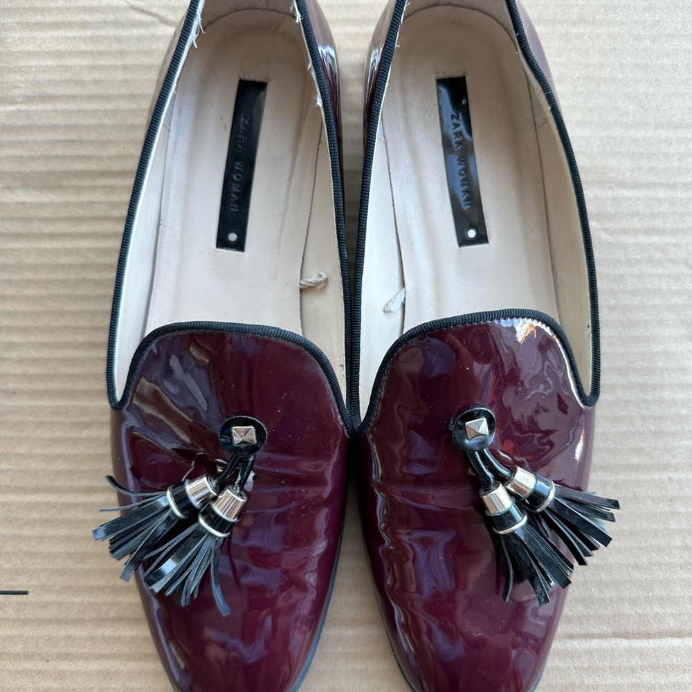Zara Maroon Patent Tassel Loafers